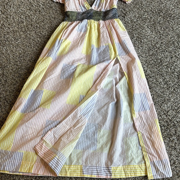 Urban Outfitters Liliana Side Slit Midi Dress Puff Sleeve patchwork striped Sz M - Picture 6 of 16